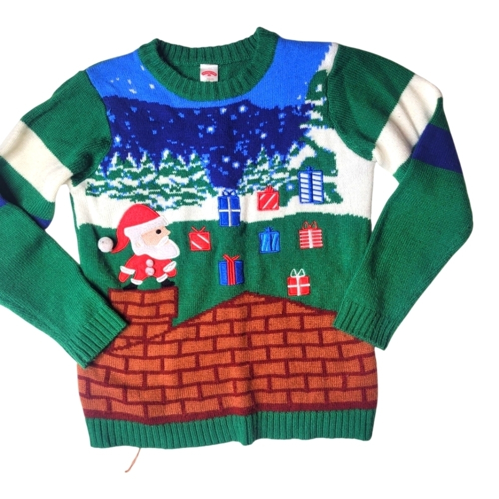 Festive Green Christmas Sweater with Santa and Gifts Kids "Ugly" Large (10-12)